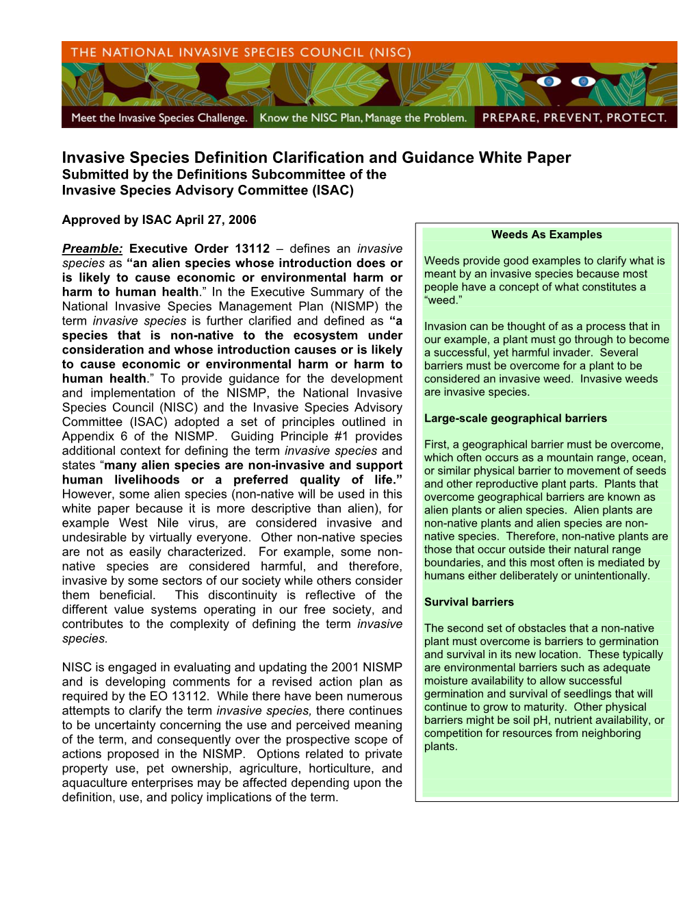 Invasive Species Definition Clarification and Guidance White Paper Submitted by the Definitions Subcommittee of the Invasive Species Advisory Committee (ISAC)