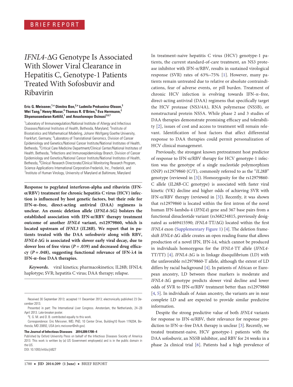 IFNL4-ΔG Genotype Is Associated with Slower Viral Clearance In