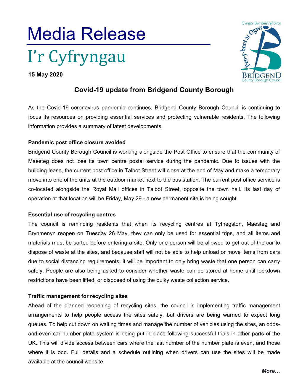 Media Release I'r Cyfryngau