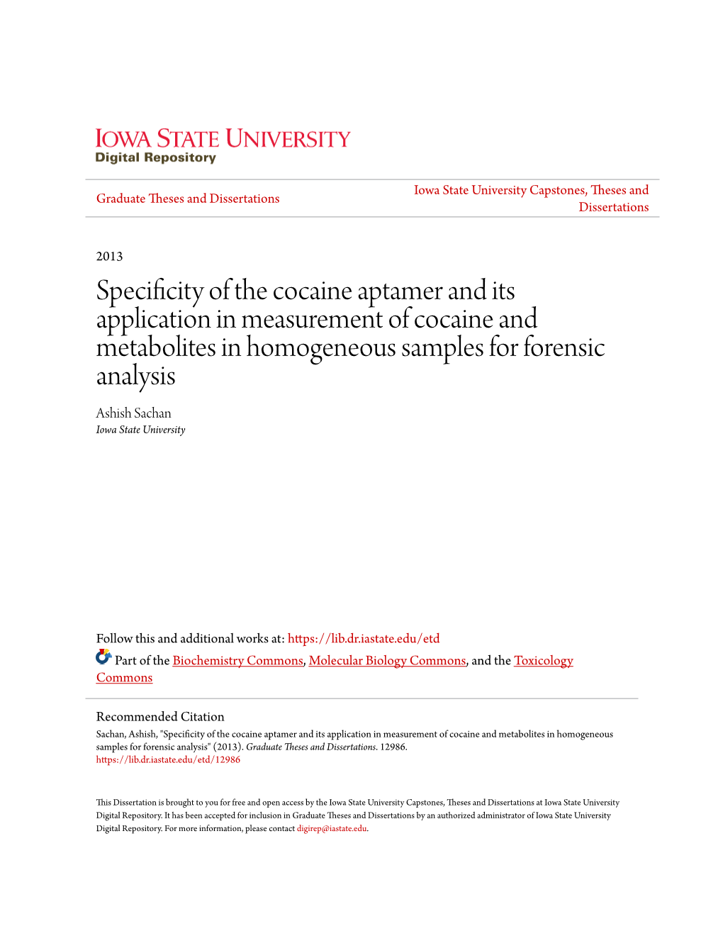 Specificity of the Cocaine Aptamer and Its Application in Measurement Of