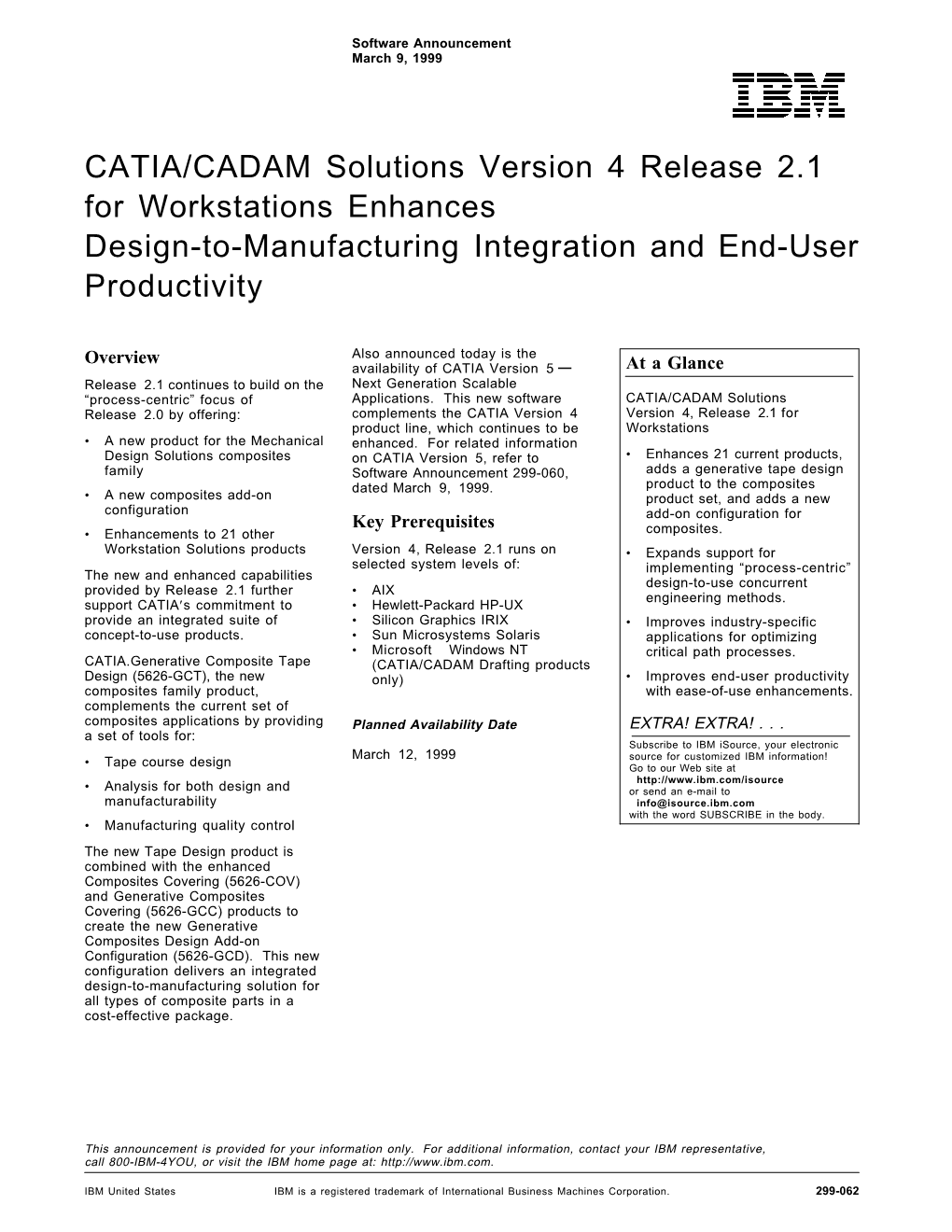 CATIA/CADAM Solutions Version 4 Release 2.1 for Workstations Enhances Design-To-Manufacturing Integration and End-User Productivity