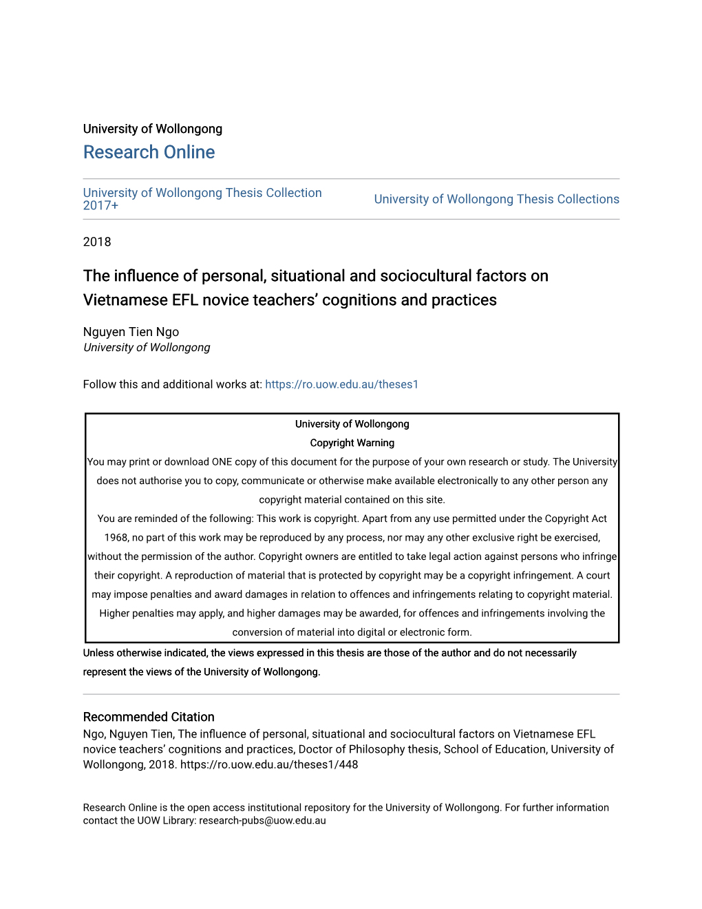 The Influence of Personal, Situational and Sociocultural Factors on Vietnamese EFL Novice Teachers’ Cognitions and Practices