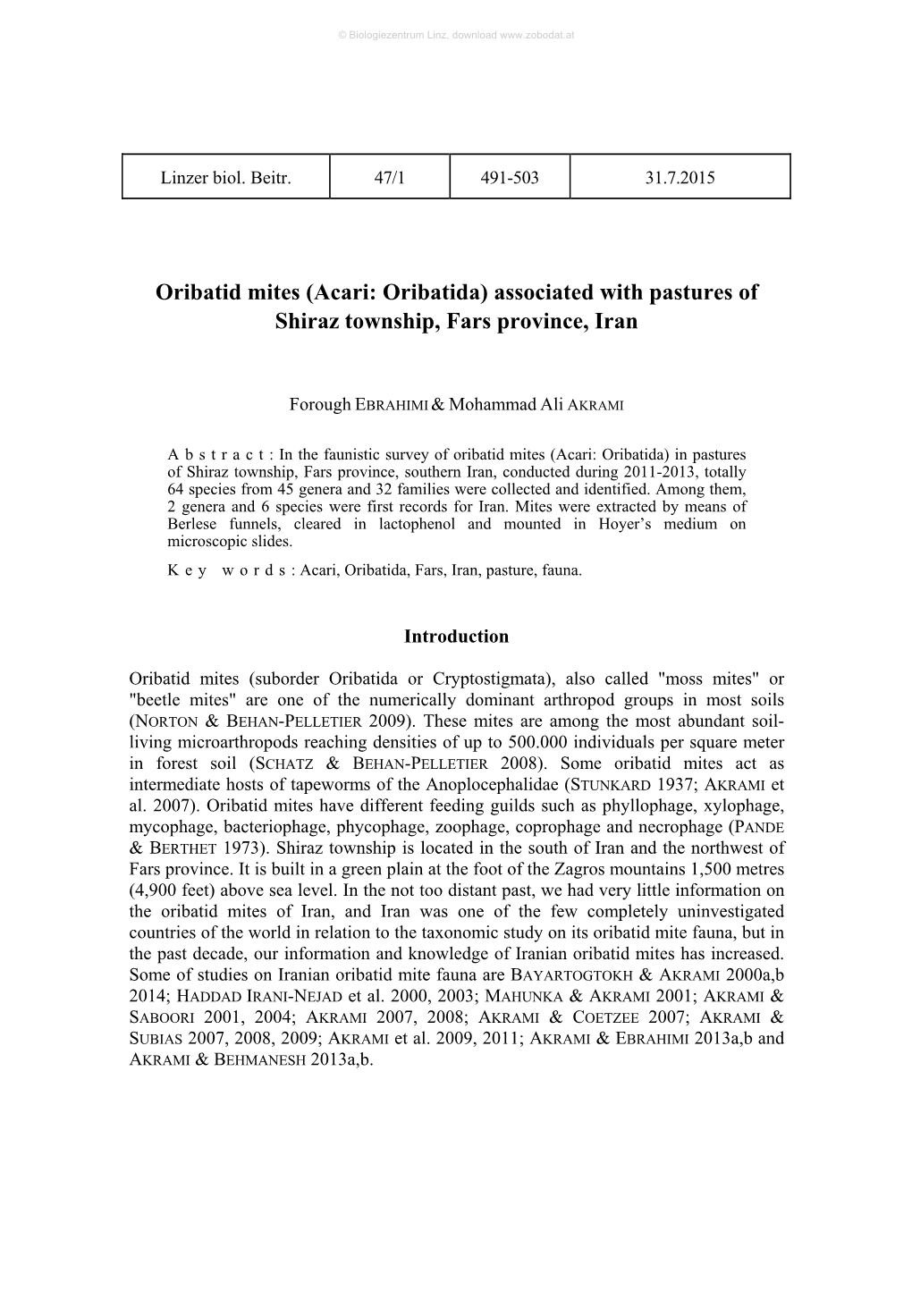 Oribatid Mites (Acari: Oribatida) Associated with Pastures of Shiraz Township, Fars Province, Iran