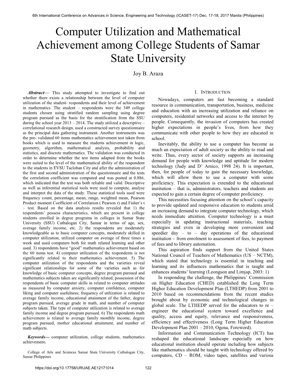 Computer Utilization and Mathematical Achievement Among College Students of Samar State University