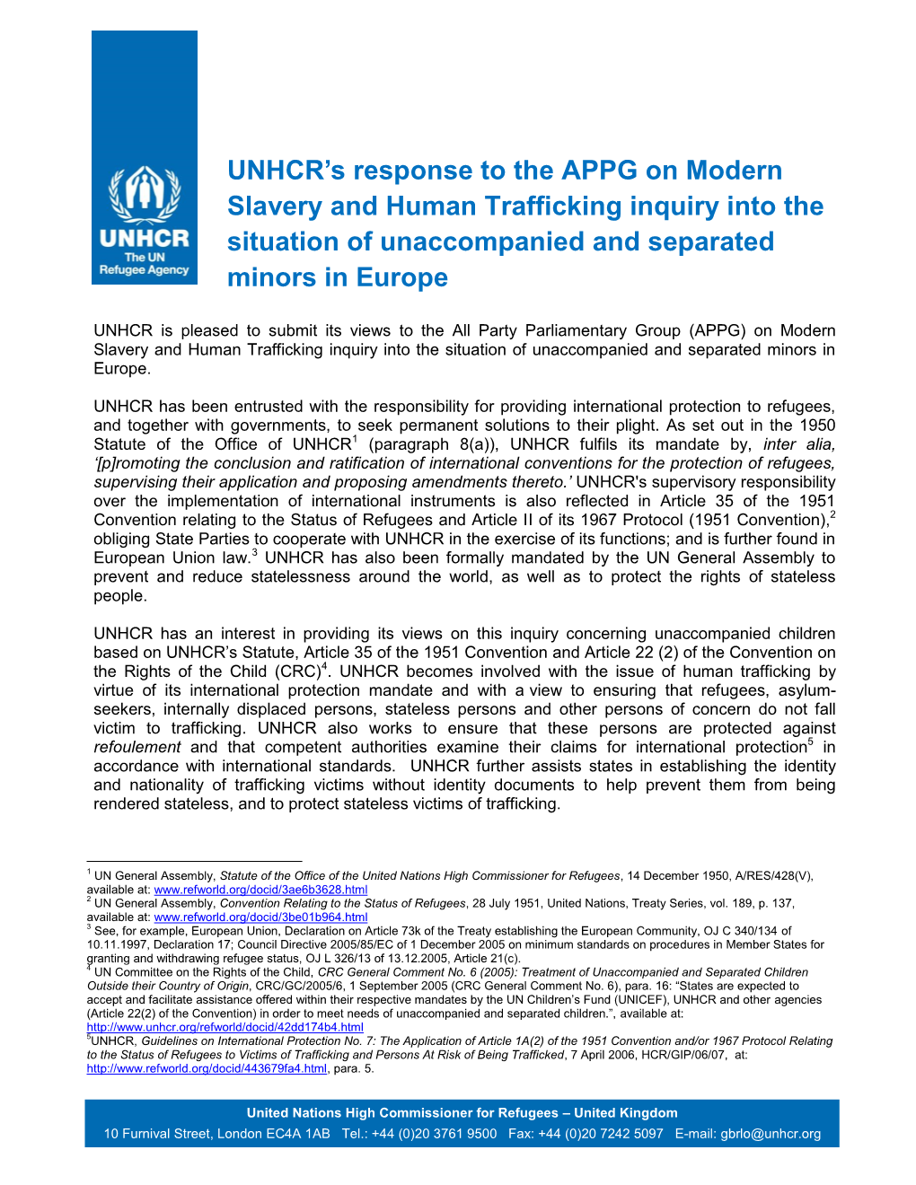 UNHCR's Response to the APPG on Modern Slavery and Human