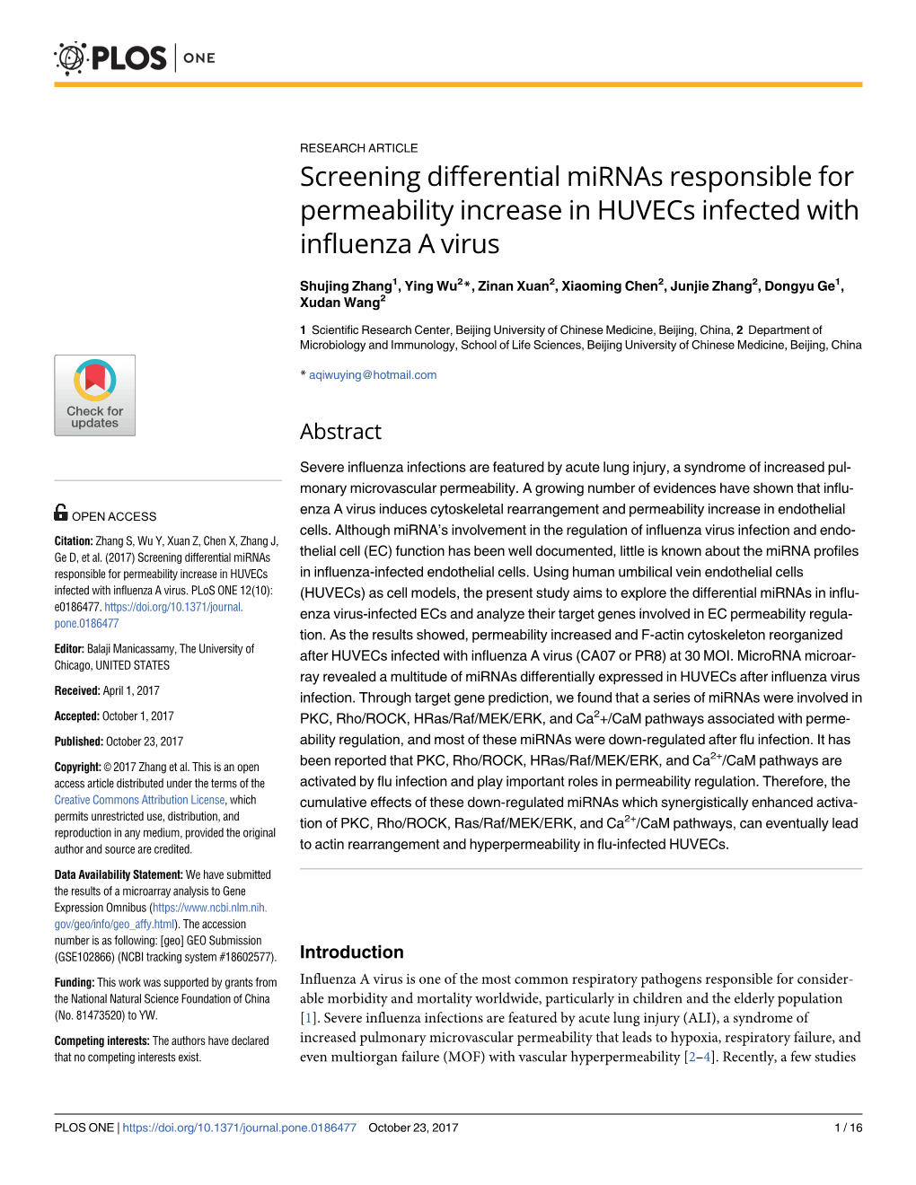 Screening Differential Mirnas Responsible for Permeability Increase in Huvecs Infected with Influenza a Virus