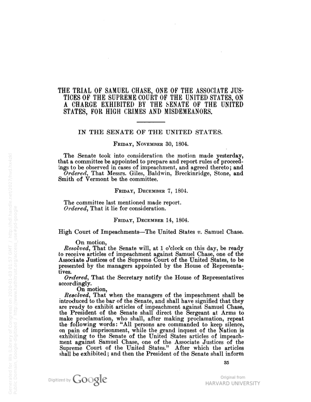 Extracts from the Journal of the United States Senate in All Cases Of