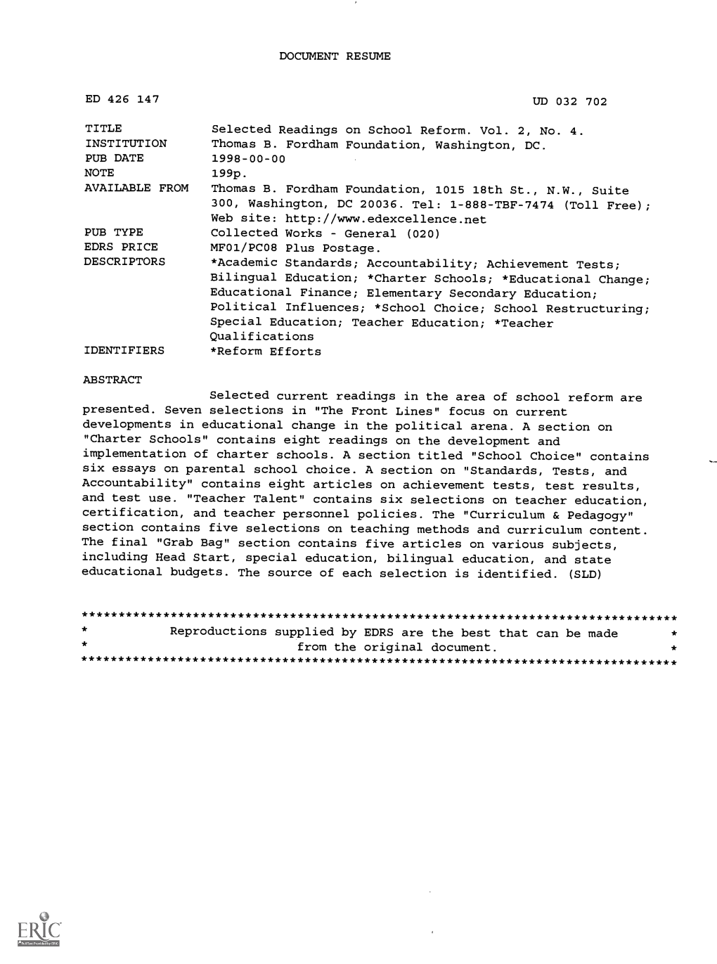 TITLE Selected Readings on School Reform. Vol. 2, No. 4. INSTITUTION Thomas B