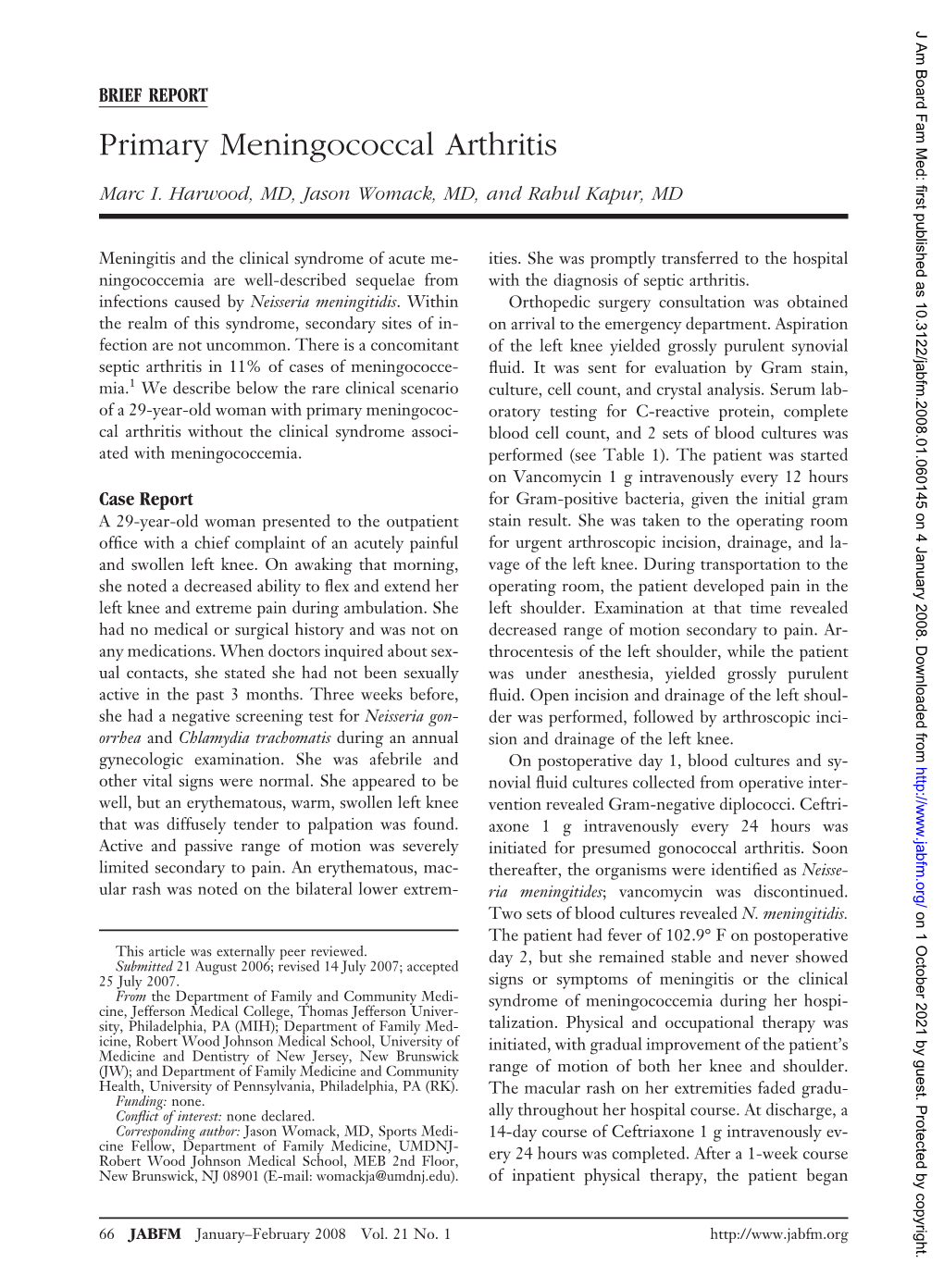 Primary Meningococcal Arthritis