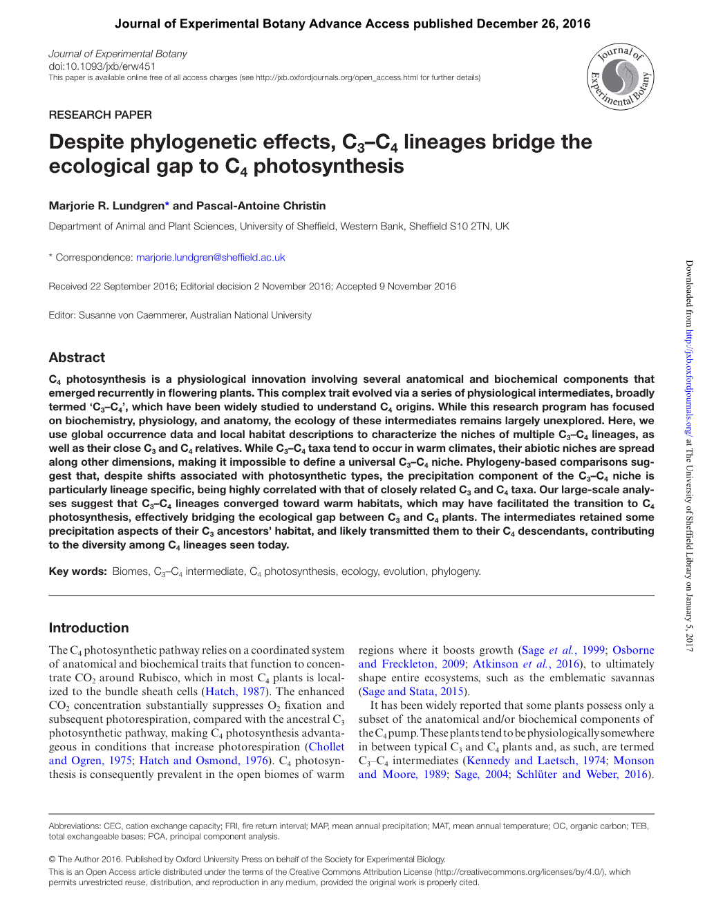 Despite Phylogenetic Effects, C3–C4 Lineages Bridge the Ecological Gap to C4 Photosynthesis