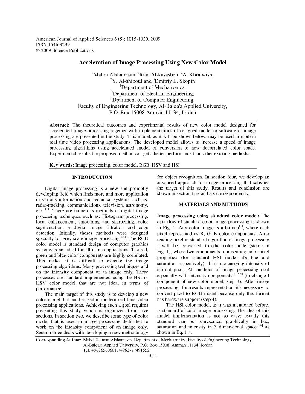 Acceleration of Image Processing Using New Color Model