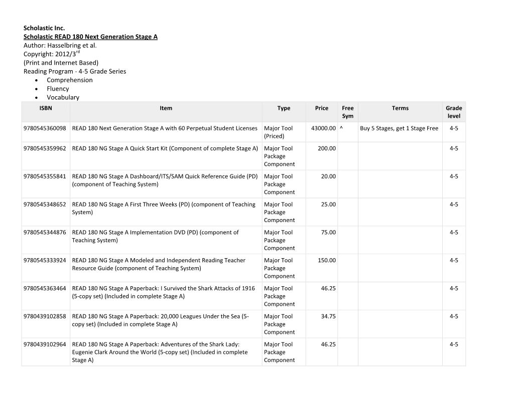 Scholastic Inc. Scholastic READ 180 Next Generation Stage a Author: Hasselbring Et Al