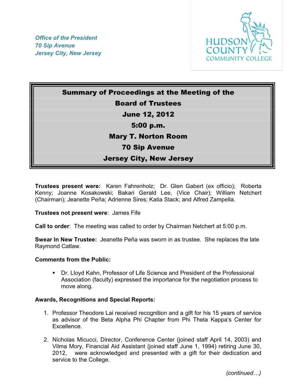 Summary of Proceedings at the Meeting of the Board of Trustees June 12, 2012 5:00 P.M