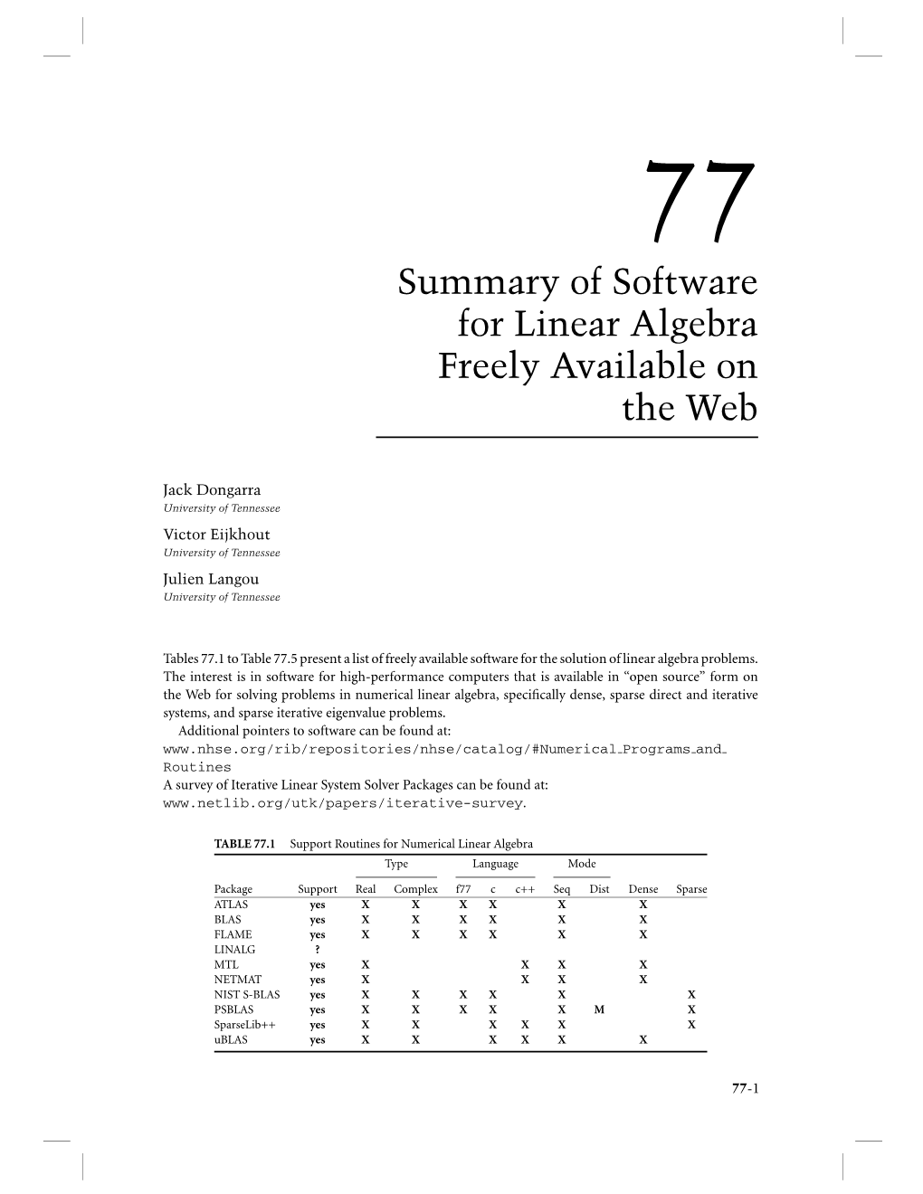 Summary of Software for Linear Algebra Freely Available on the Web
