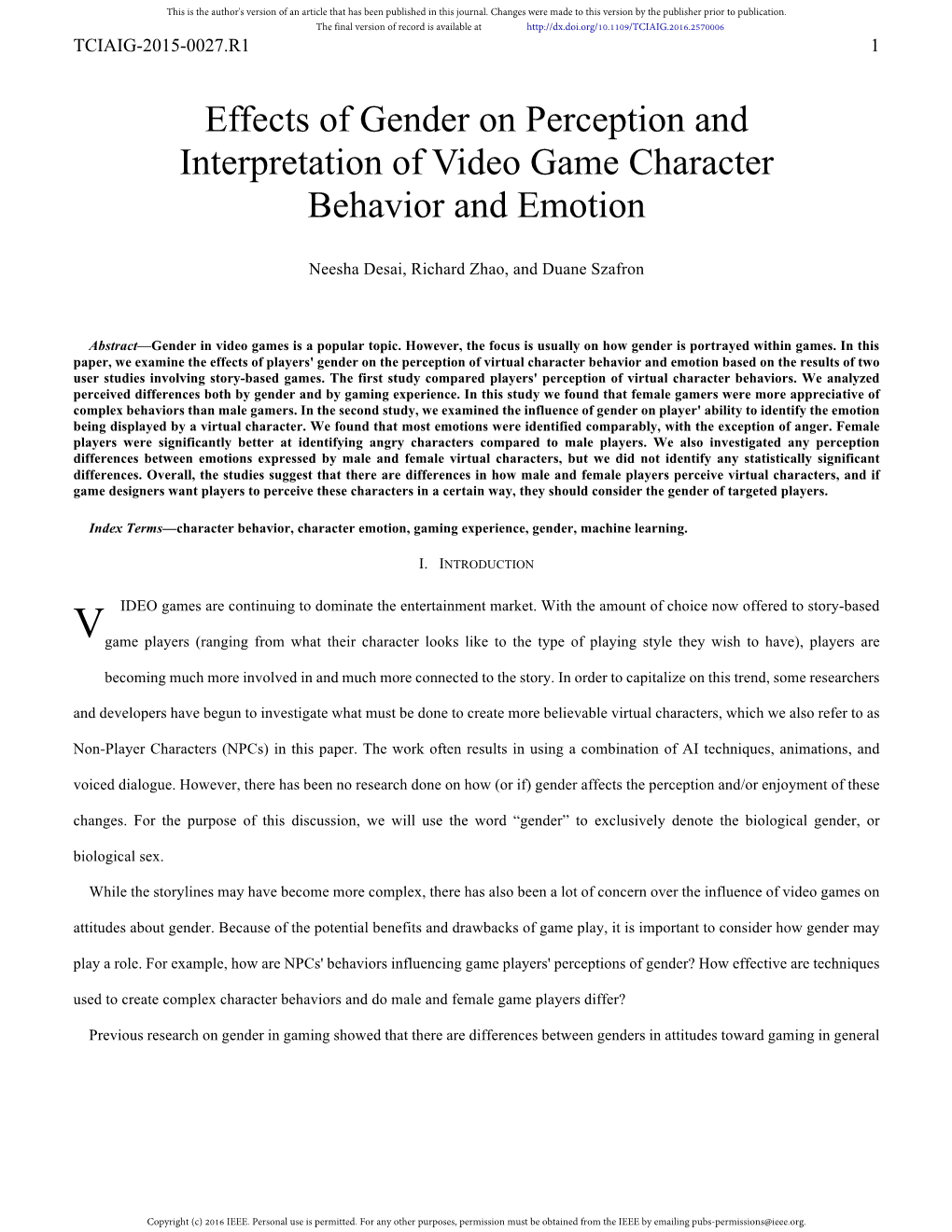 Effects of Gender on Perception and Interpretation of Video Game Character Behavior and Emotion