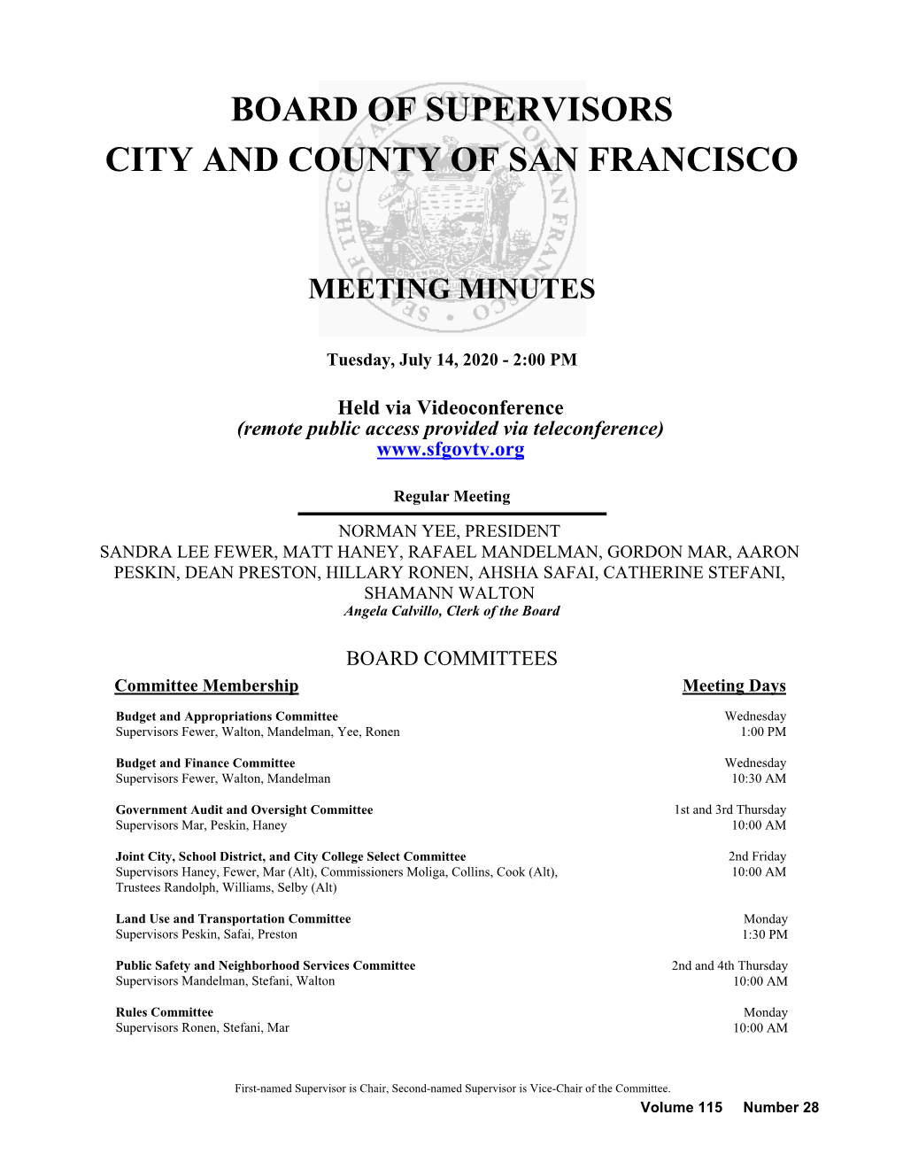 Board of Supervisors City and County of San Francisco