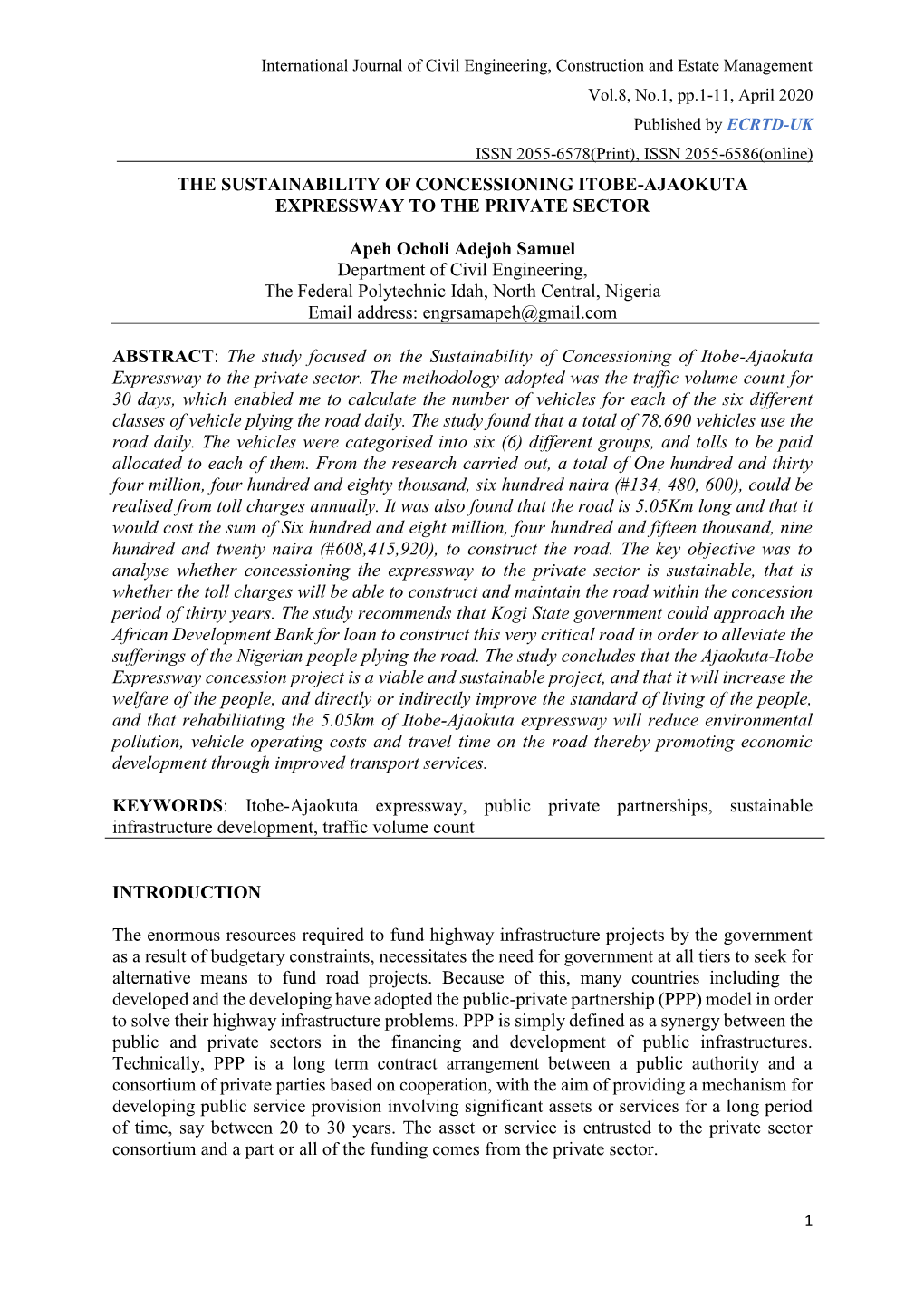 The Sustainability of Concessioning Itobe-Ajaokuta Expressway to the Private Sector