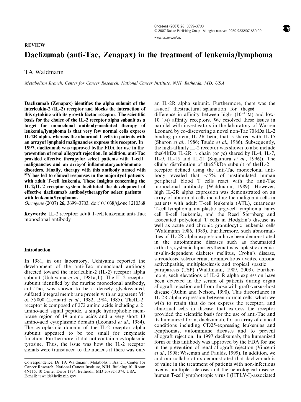 Daclizumab (Anti-Tac, Zenapax) in the Treatment of Leukemia/Lymphoma