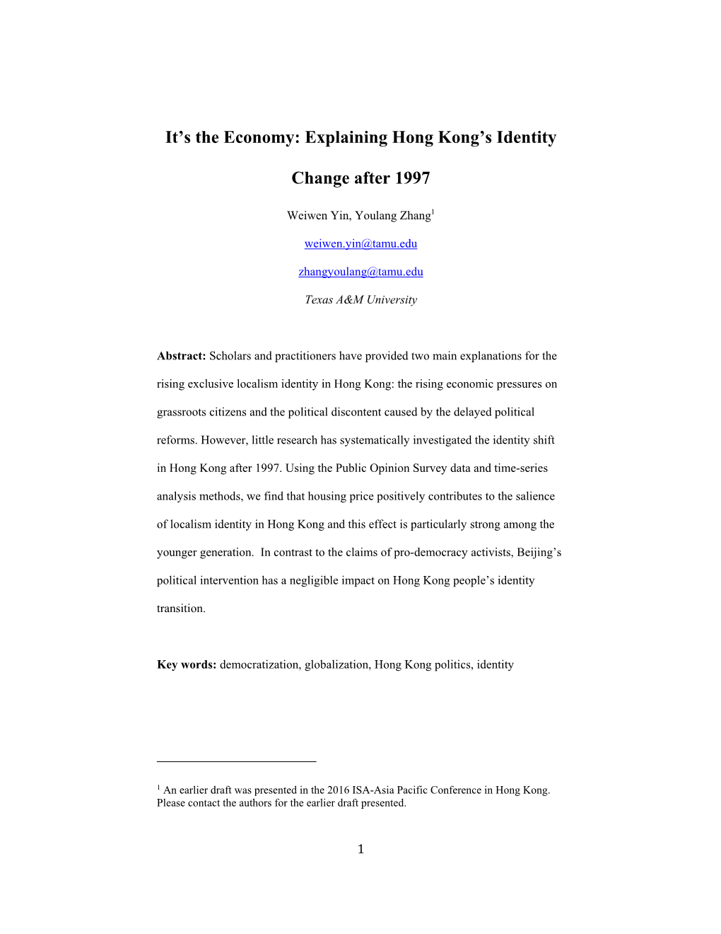 It's the Economy: Explaining Hong Kong's Identity Change After 1997