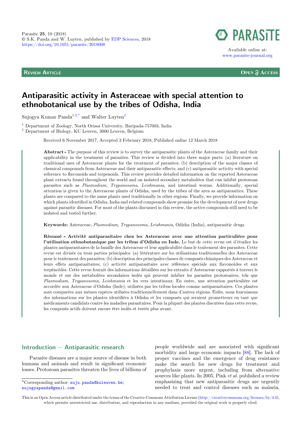 Antiparasitic Activity in Asteraceae with Special Attention to Ethnobotanical Use by the Tribes of Odisha, India