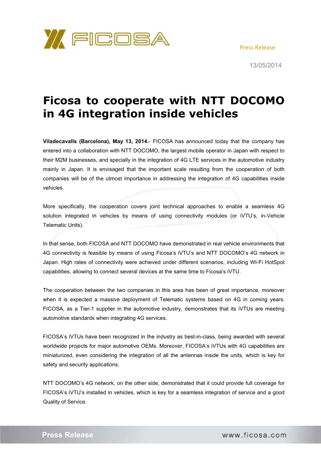 Ficosa to Cooperate with NTT DOCOMO in 4G Integration Inside Vehicles