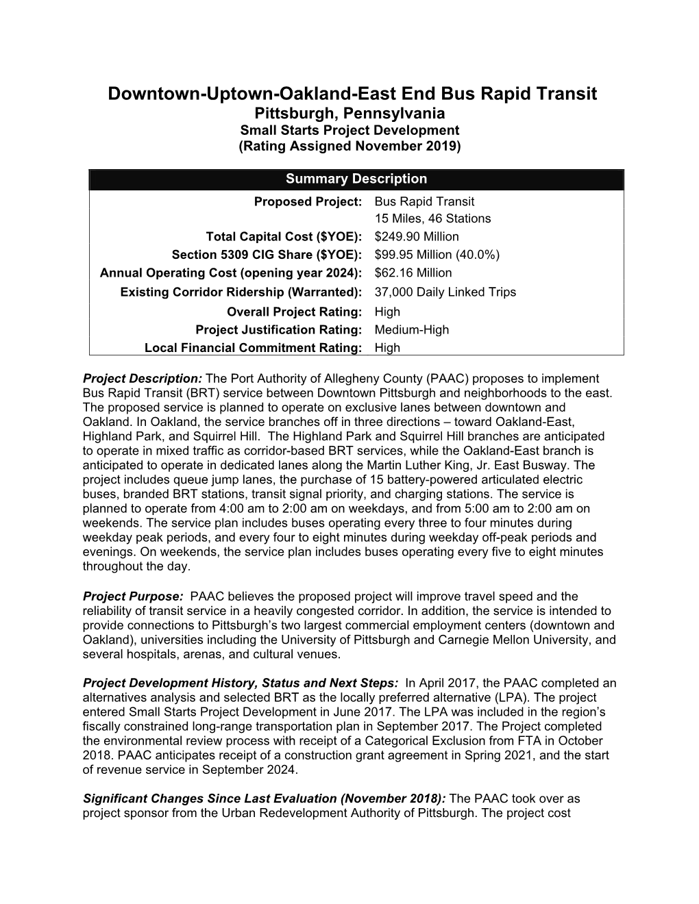 Downtown-Uptown-Oakland-East End Bus Rapid Transit Pittsburgh, Pennsylvania Small Starts Project Development (Rating Assigned November 2019)