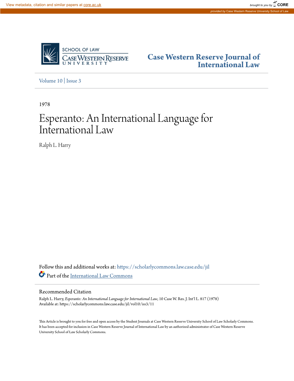 Esperanto: an International Language for International Law Ralph L