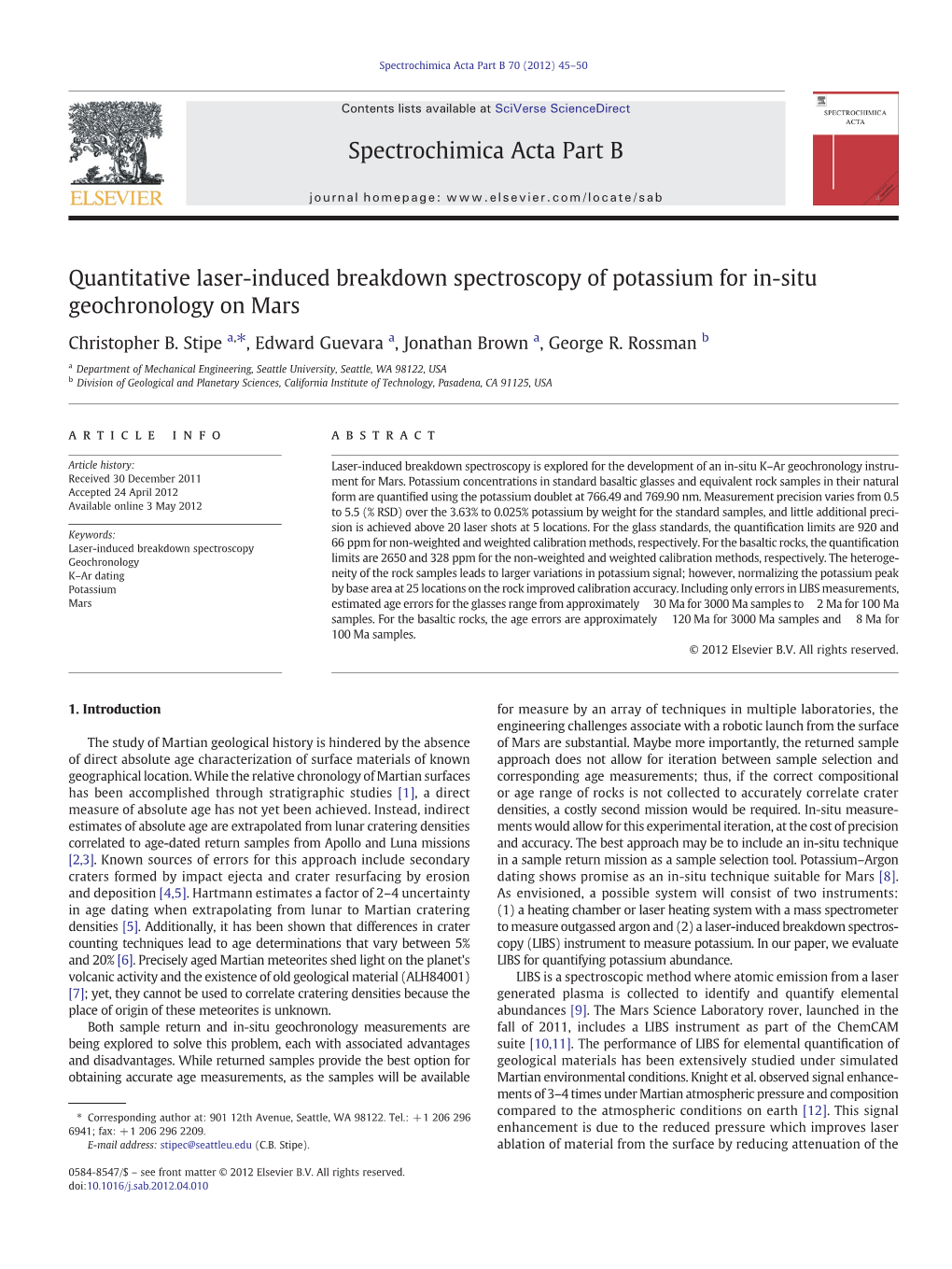 Quantitative Laser-Induced Breakdown Spectroscopy of Potassium for In-Situ Geochronology on Mars