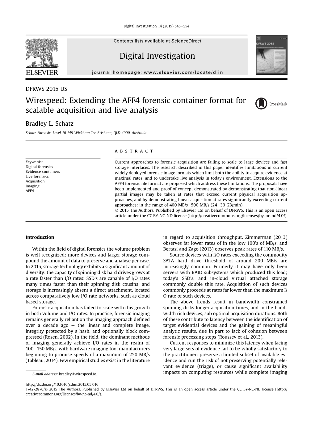 Wirespeed: Extending the AFF4 Forensic Container Format for Scalable Acquisition and Live Analysis