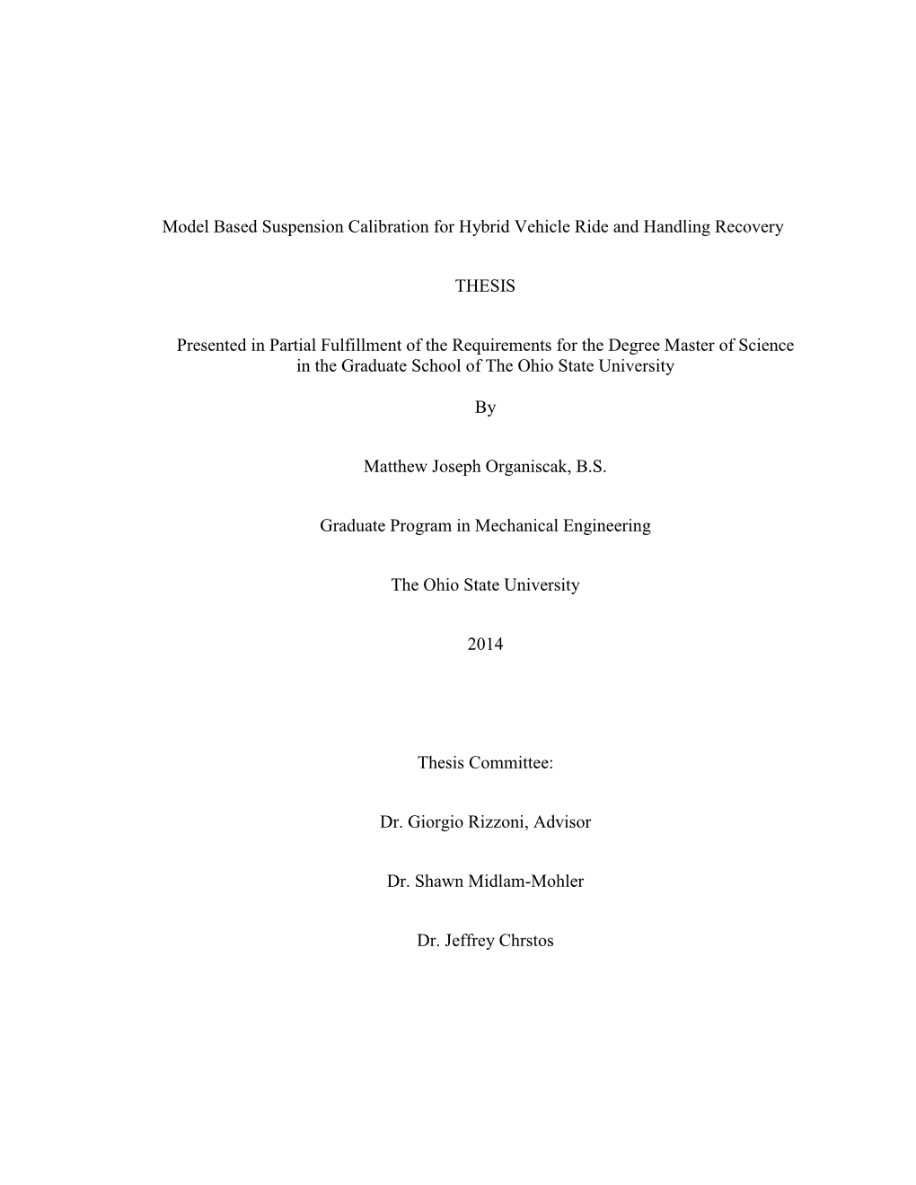 Model Based Suspension Calibration for Hybrid Vehicle Ride and Handling Recovery