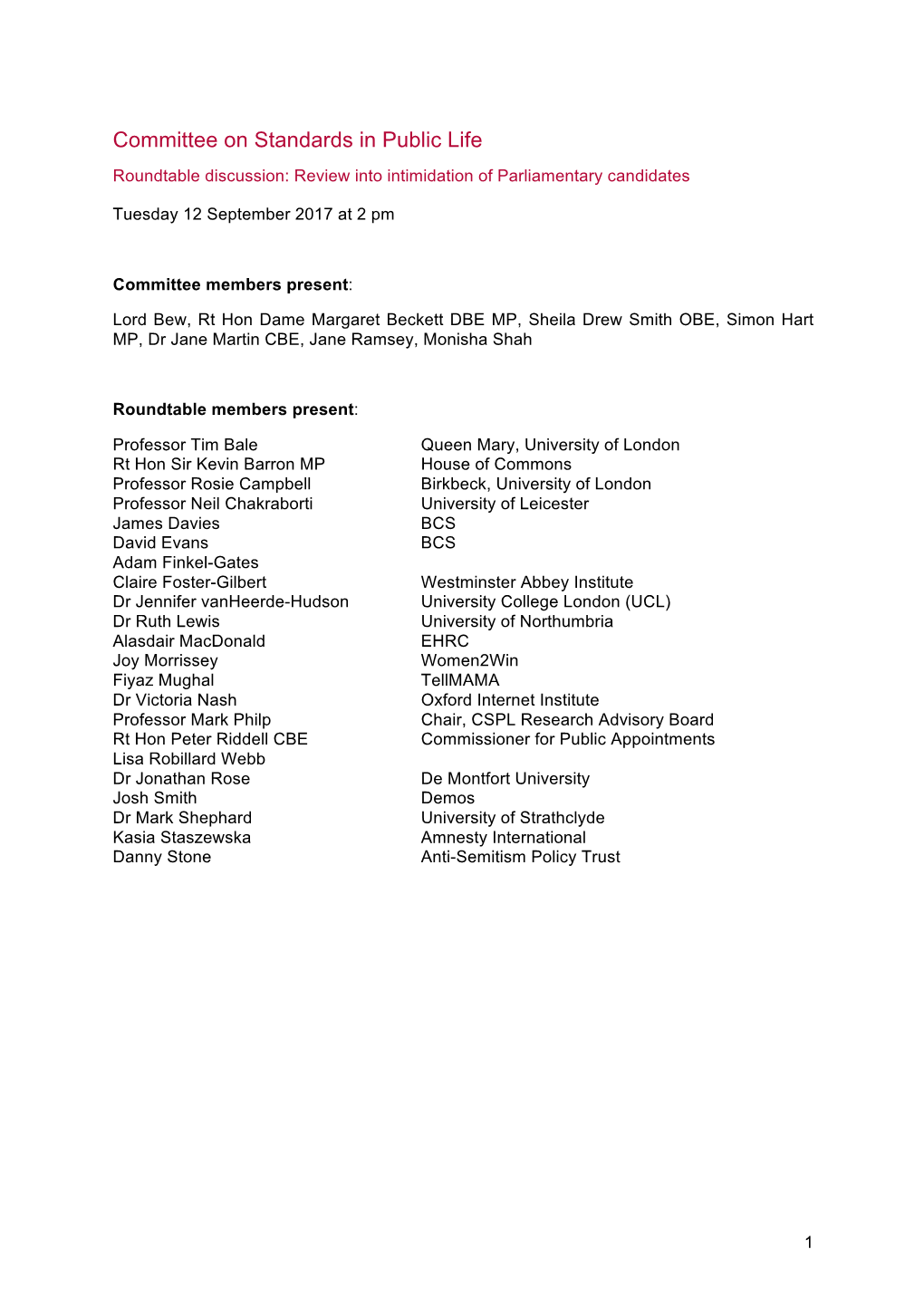 Committee on Standards in Public Life Roundtable Discussion: Review Into Intimidation of Parliamentary Candidates