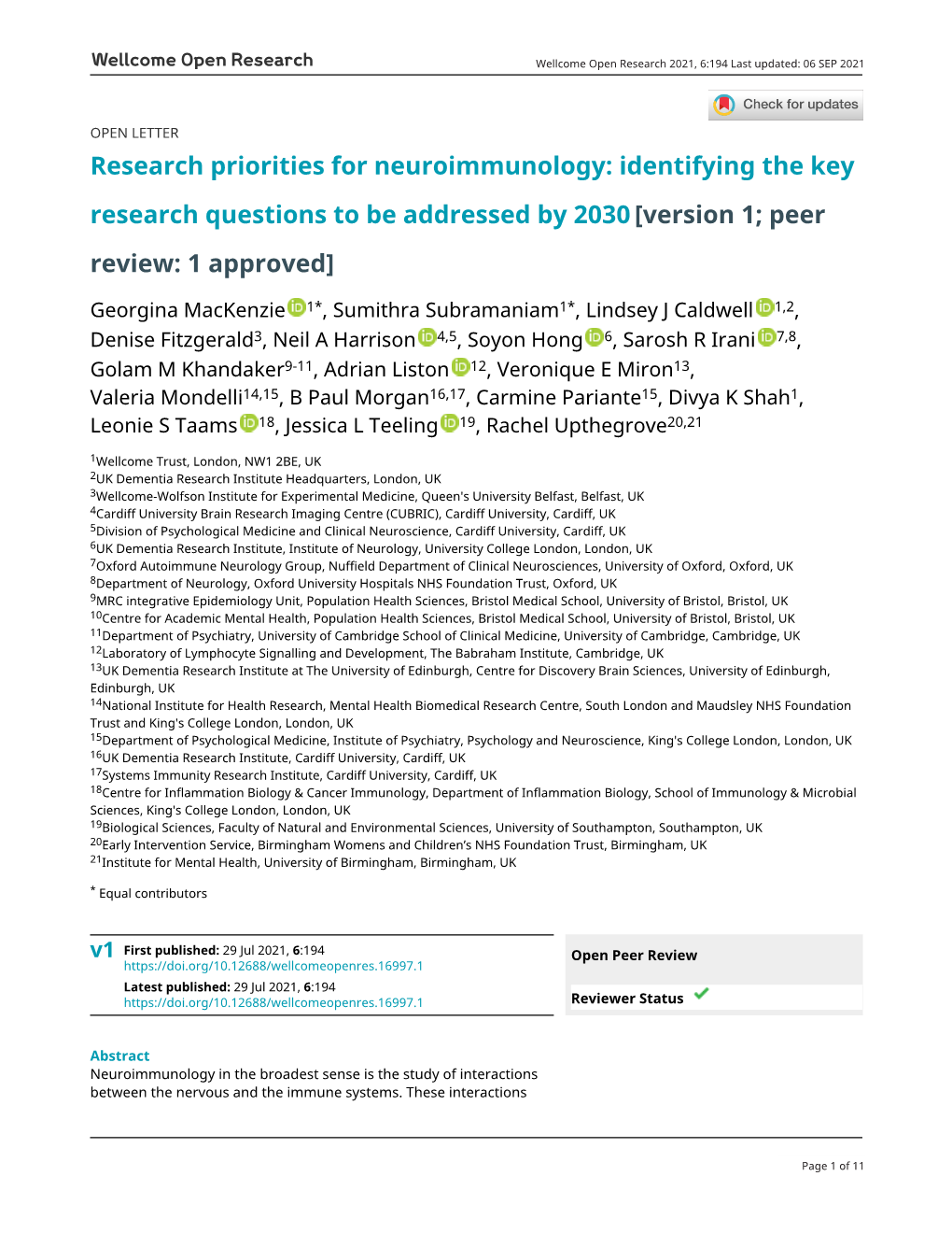 Research Priorities for Neuroimmunology: Identifying the Key Research Questions to Be Addressed by 2030 [Version 1; Peer Review: 1 Approved]