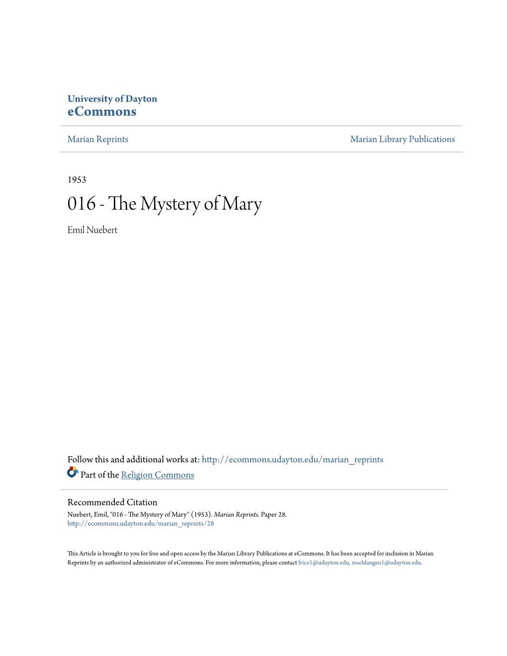 The Mystery of Mary" Was Originally Given As an Ad.Dress Zt the Convention of the Mariological Society of Spain, Held at Sala- Manca in 1949