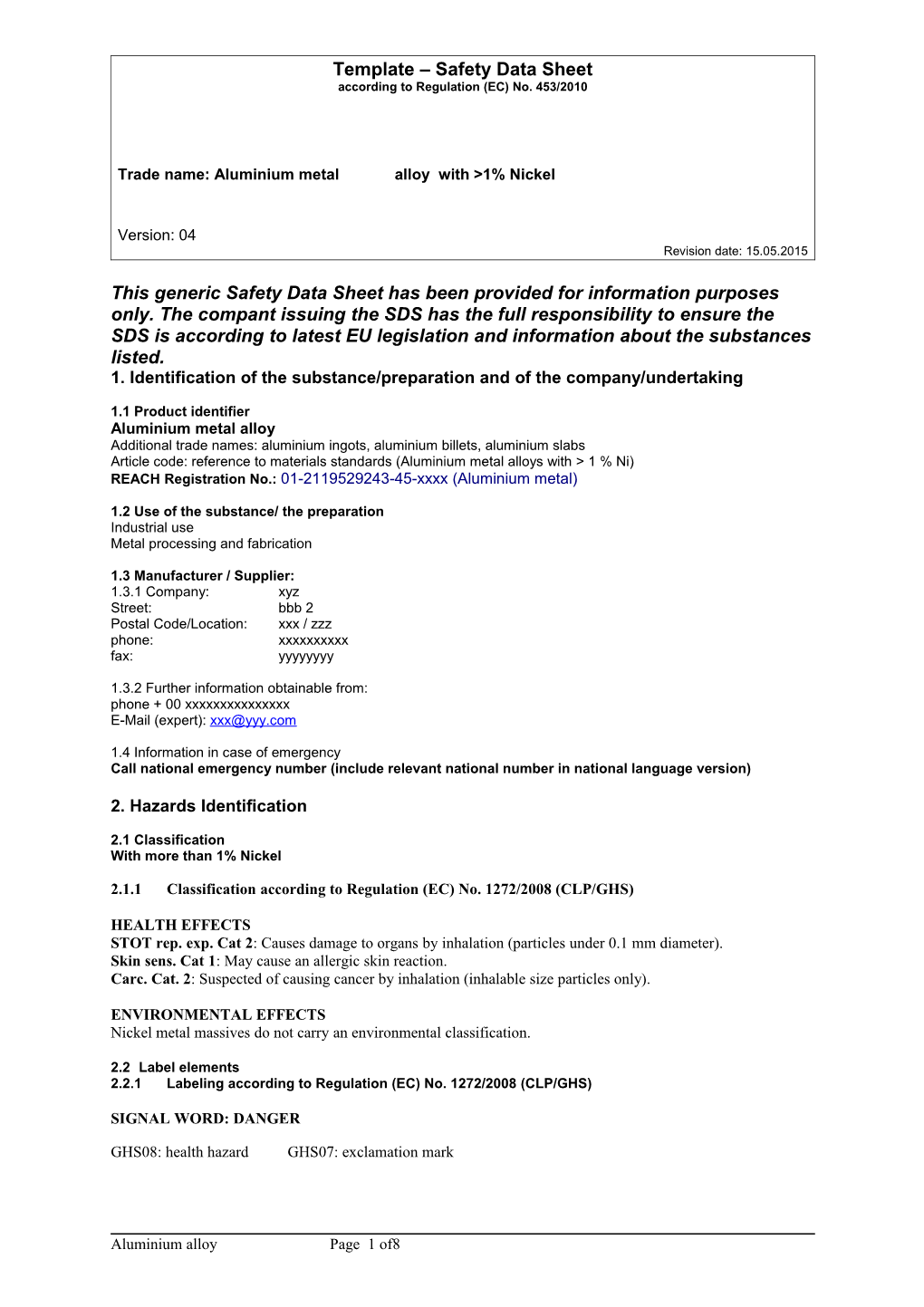 Template Safety Data Sheet