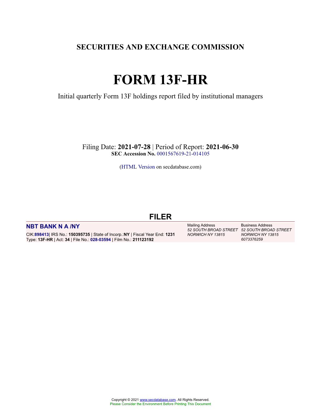 NBT BANK N a /NY Form 13F-HR Filed 2021-07-28