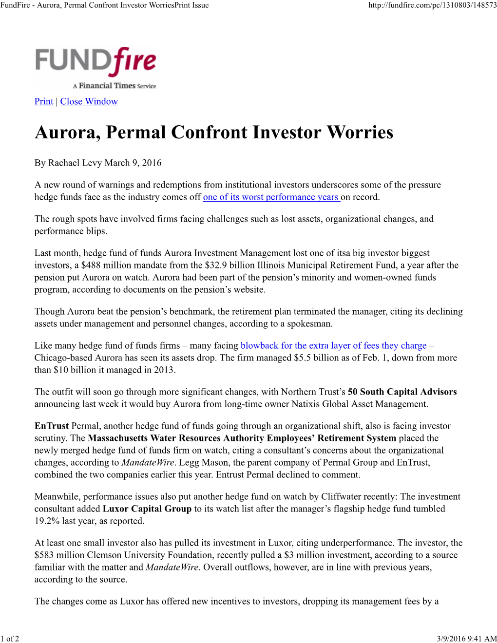 Fundfire - Aurora, Permal Confront Investor Worriesprint Issue