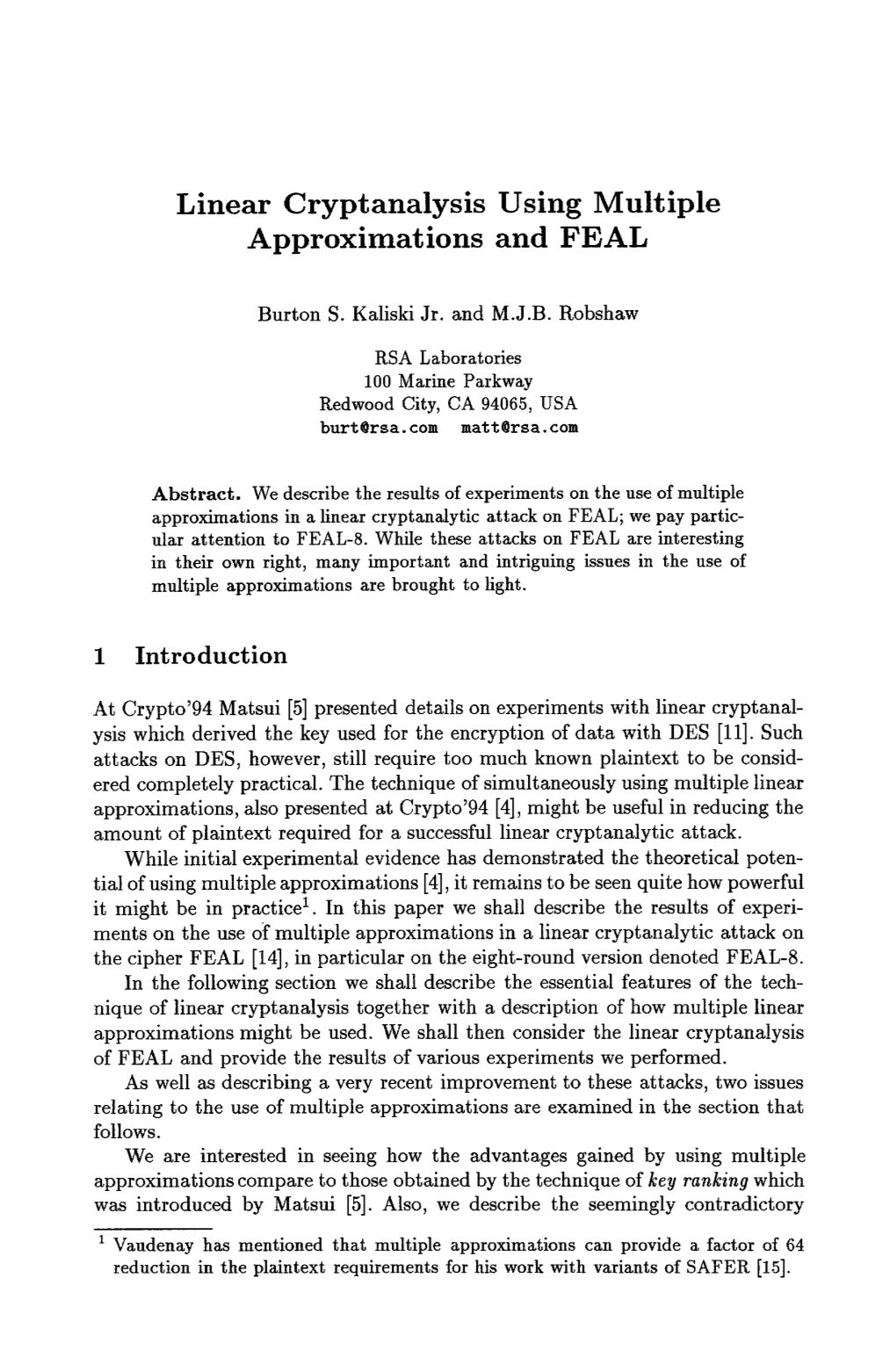 Linear Cryptanalysis Using Multiple Approximations and FEAL