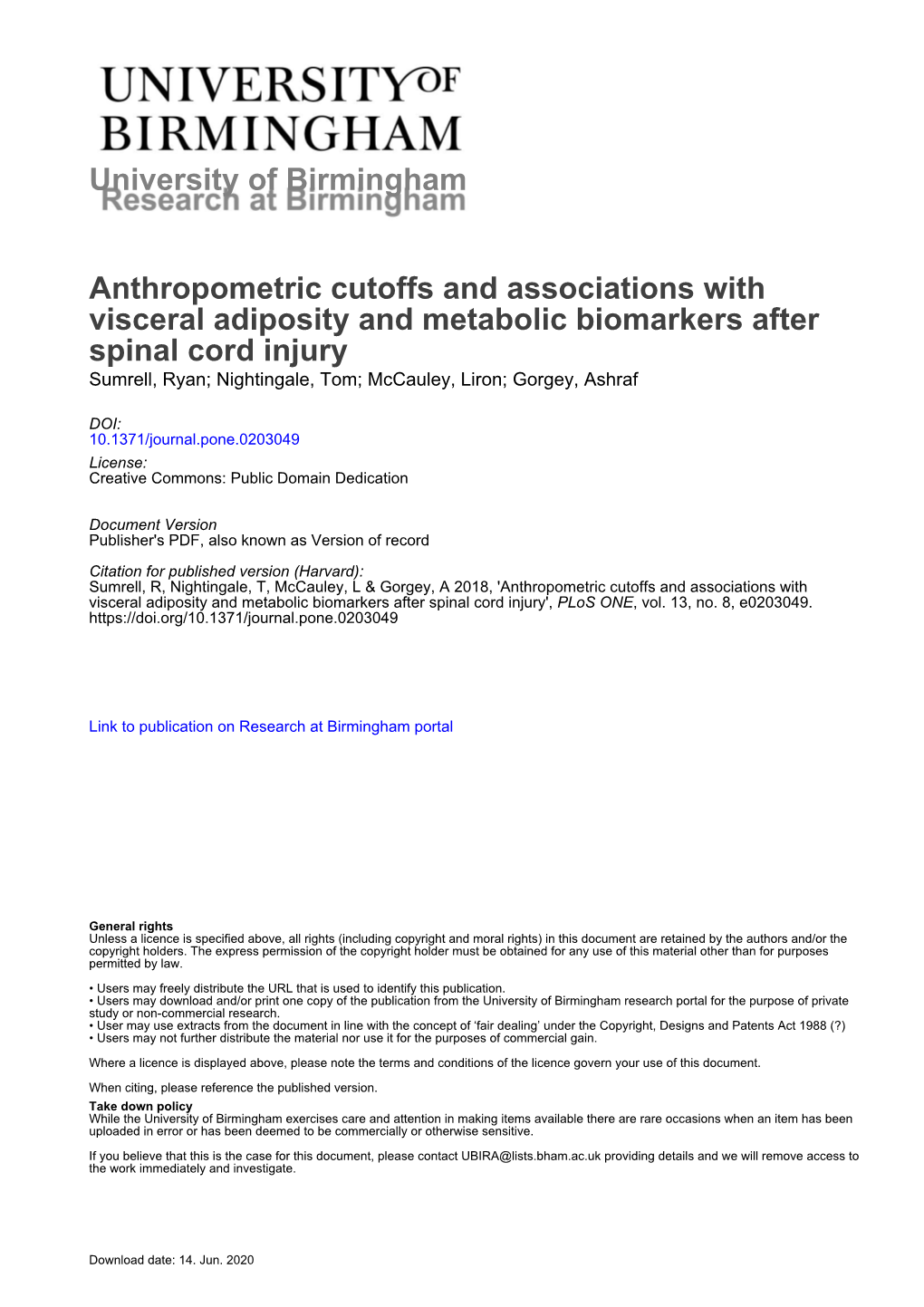 Anthropometric Cutoffs and Associations with Visceral Adiposity