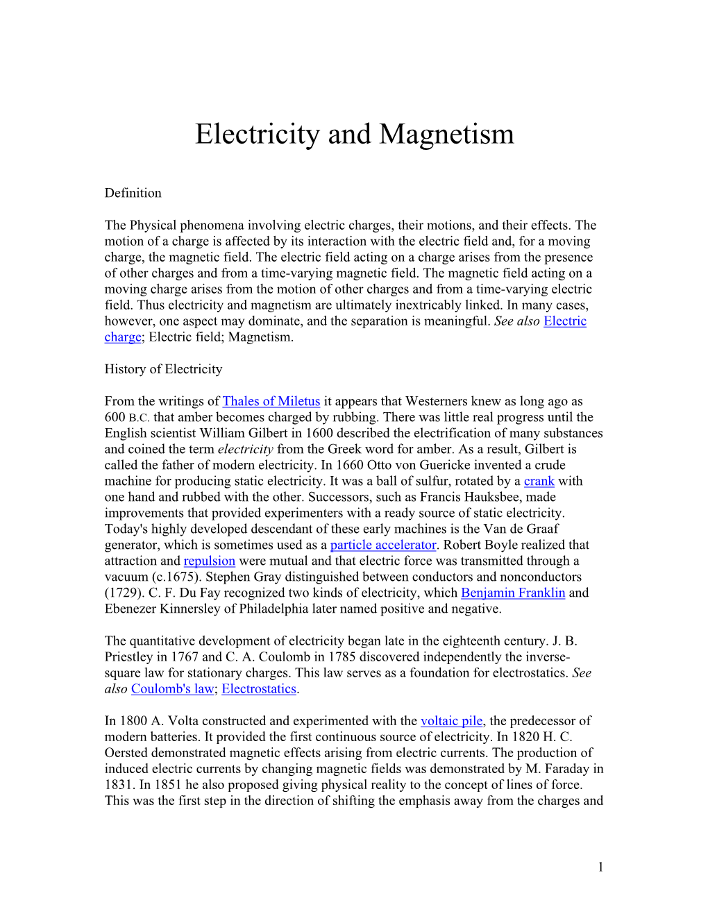 Electricity and Magnetism