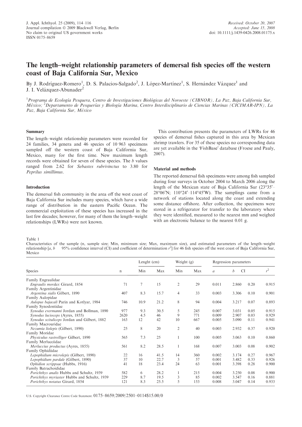 The Length–Weight Relationship Parameters of Demersal Fish