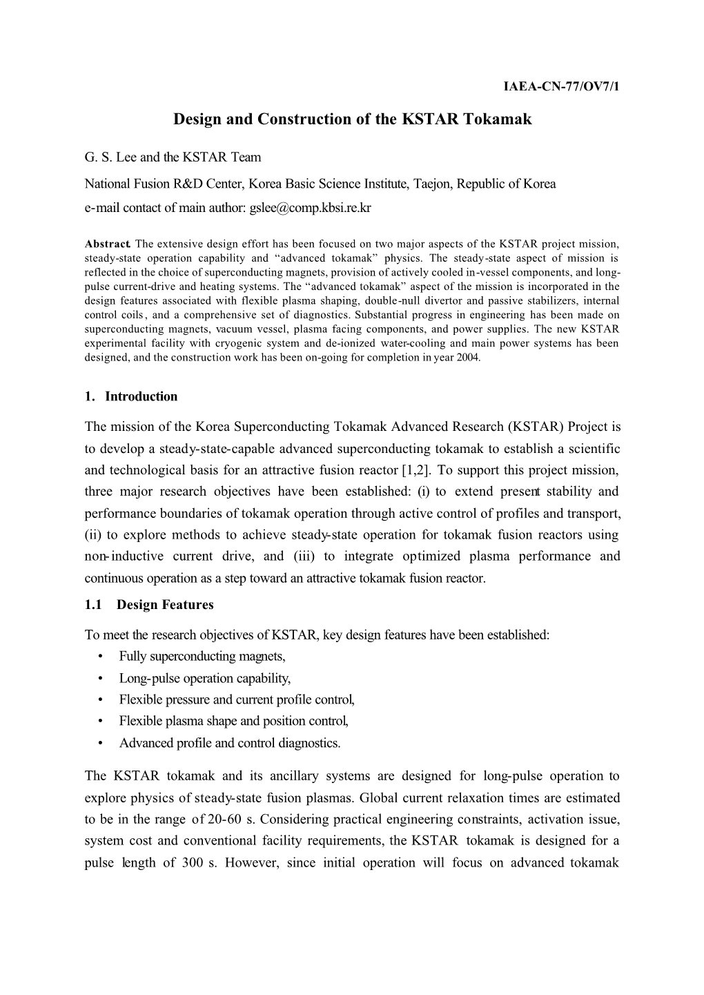 Design and Construction of the KSTAR Tokamak