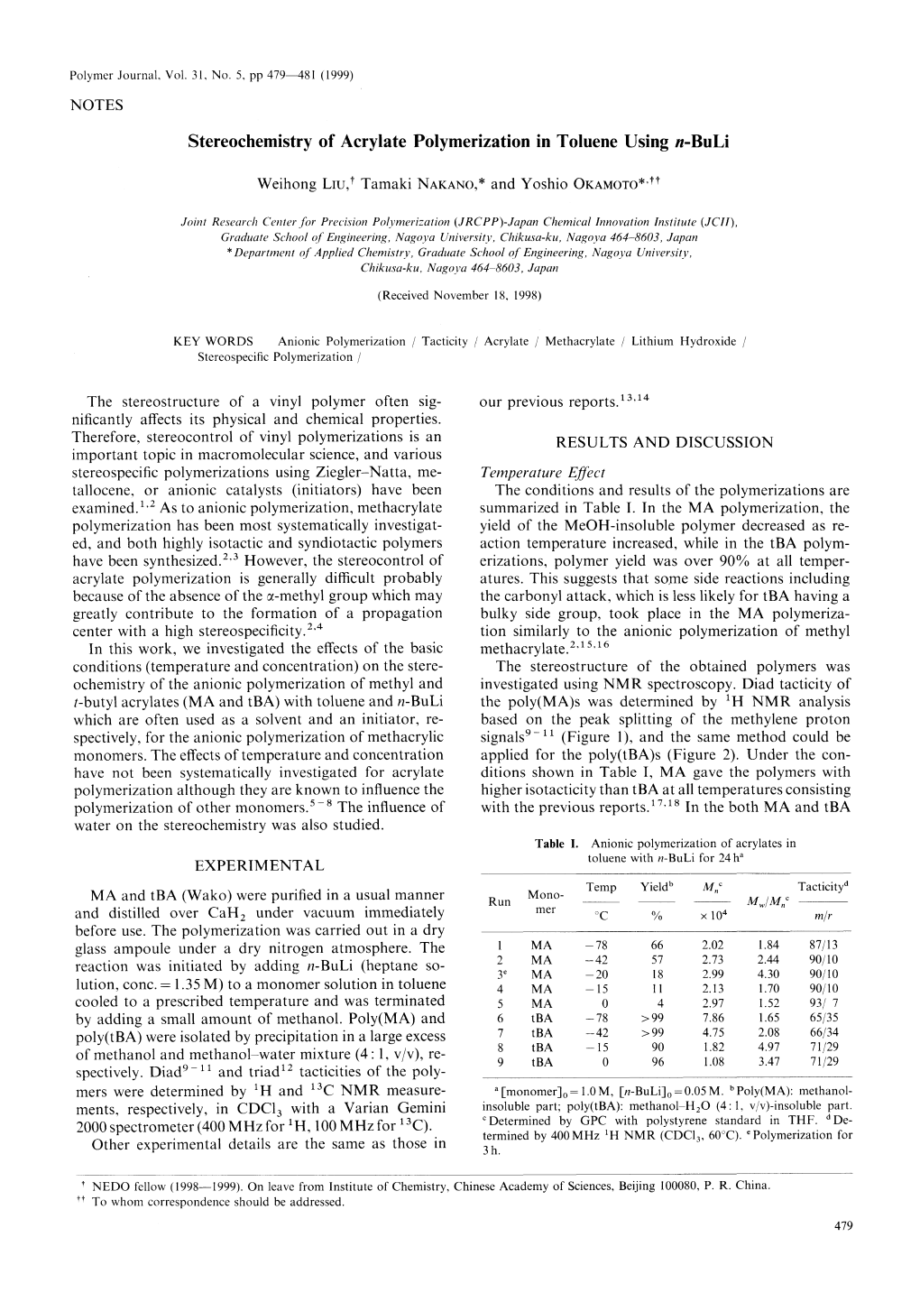 Stereochemistry of Acrylate Polymerization in Toluene Using N-Buli