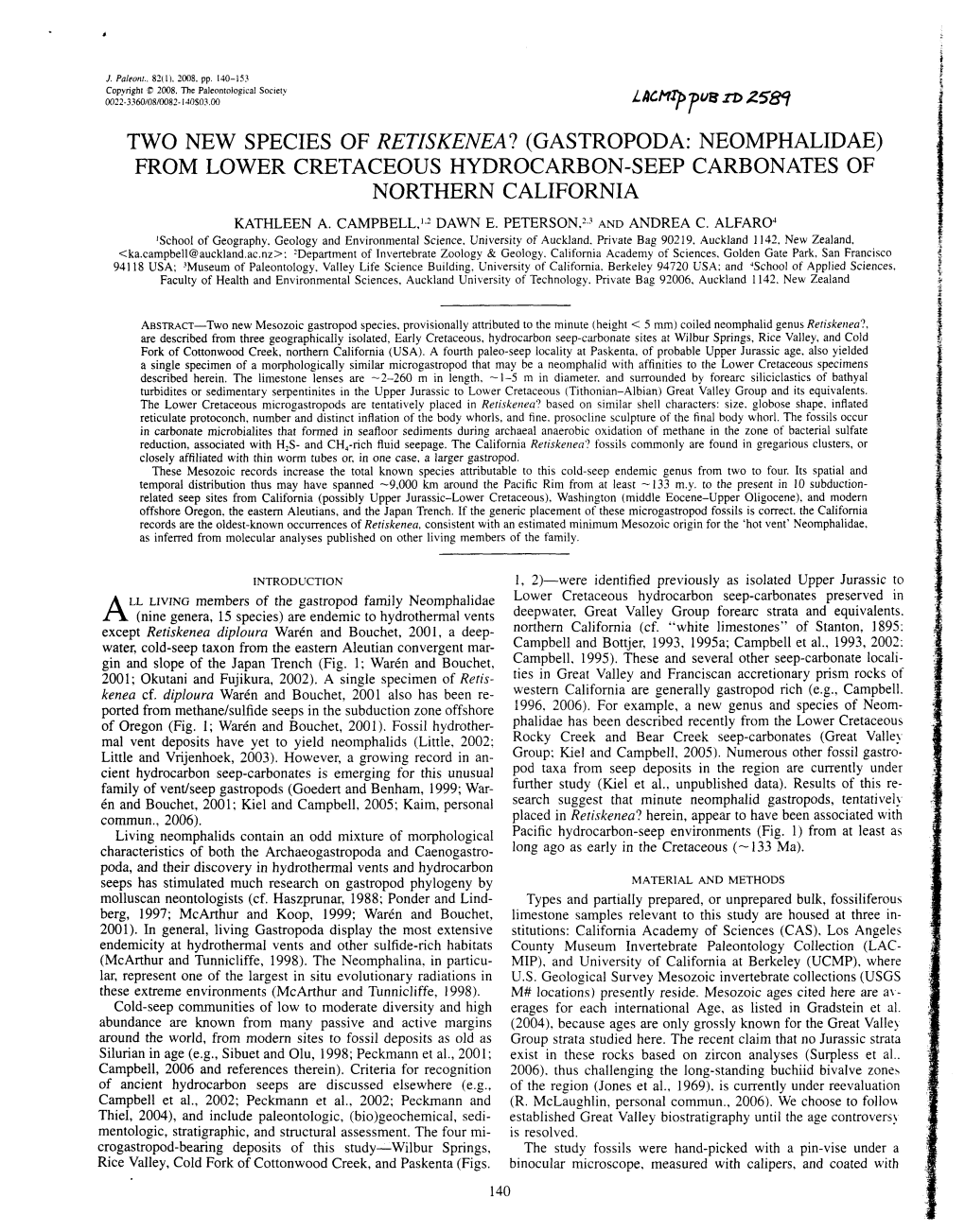 From Lower Cretaceous Hydrocarbon-Seep Carbonates of Northern California