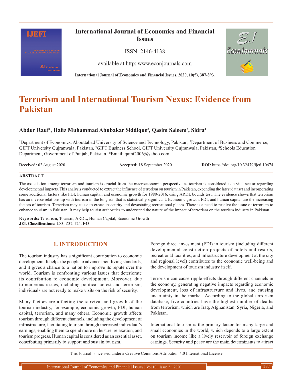 Terrorism and International Tourism Nexus: Evidence from Pakistan