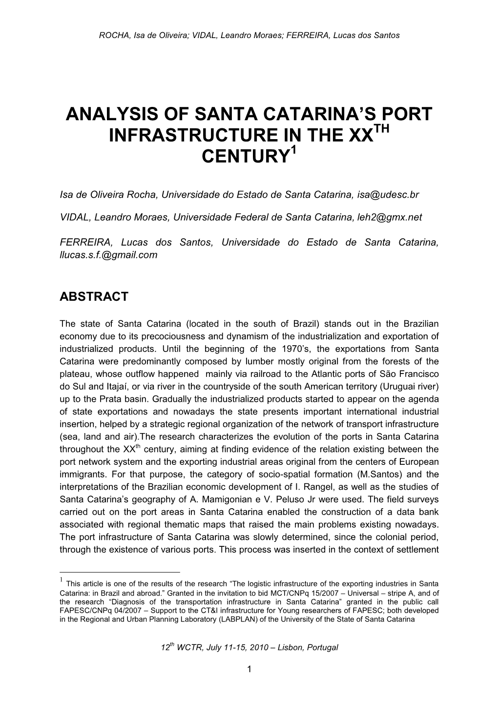 Analysis of Santa Catarina's Port Infrastructure in the Xx