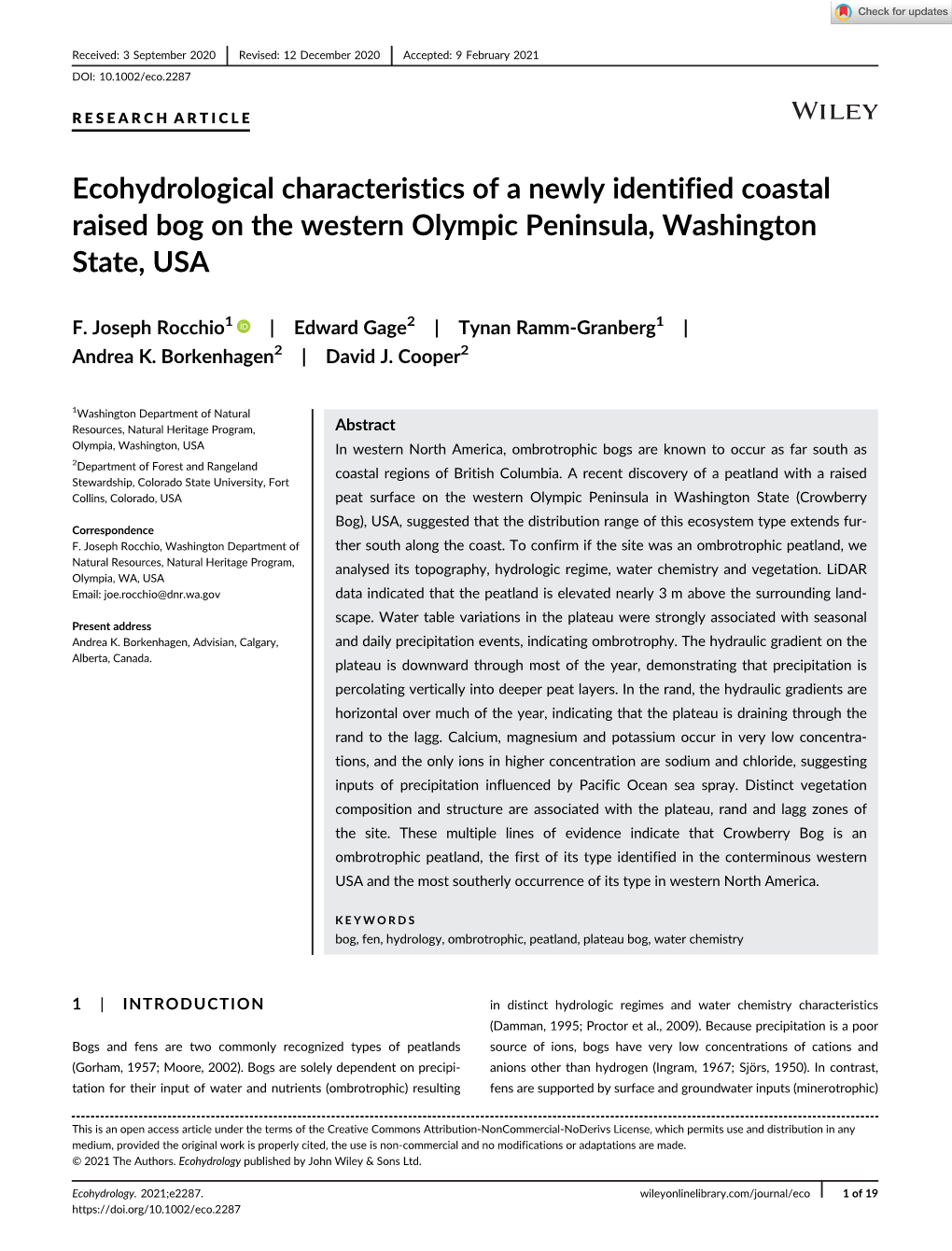 Ecohydrological Characteristics of a Newly Identified Coastal Raised Bog on the Western Olympic Peninsula, Washington State, USA