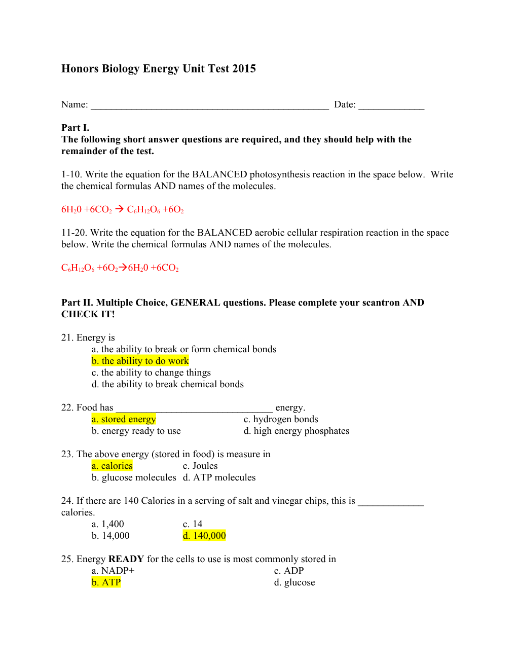 Standard Biology Photosynthesis & Respiration Unit Test