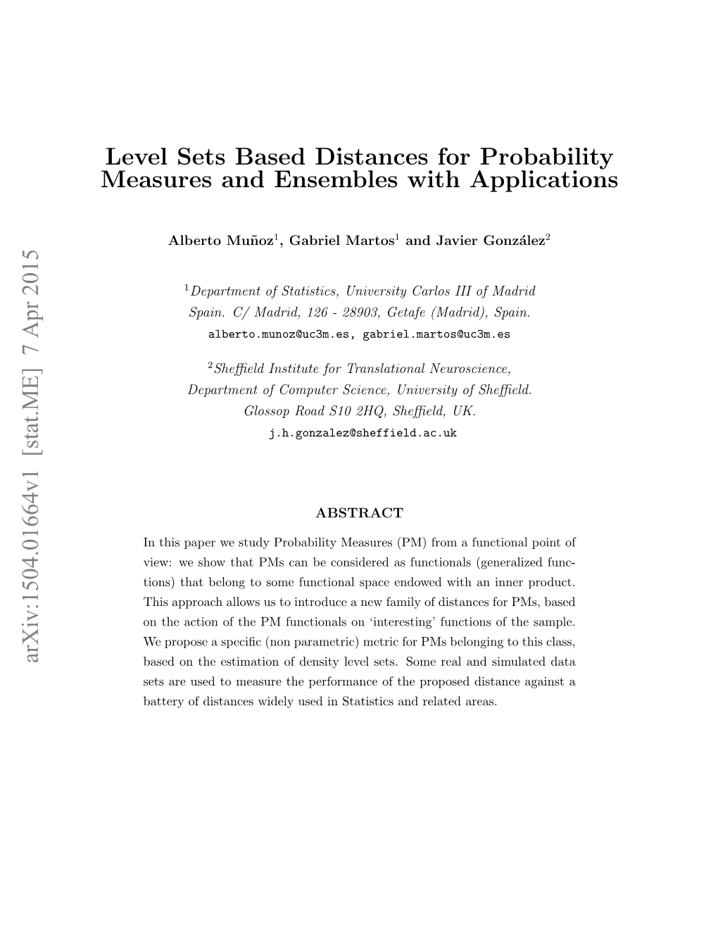 Level Sets Based Distances for Probability Measures and Ensembles with Applications Arxiv:1504.01664V1 [Stat.ME] 7 Apr 2015