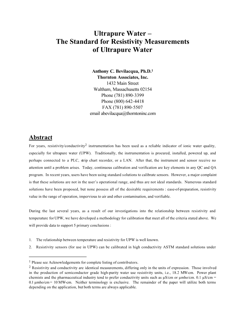 Ultrapure Water – the Standard for Resistivity Measurements of Ultrapure Water