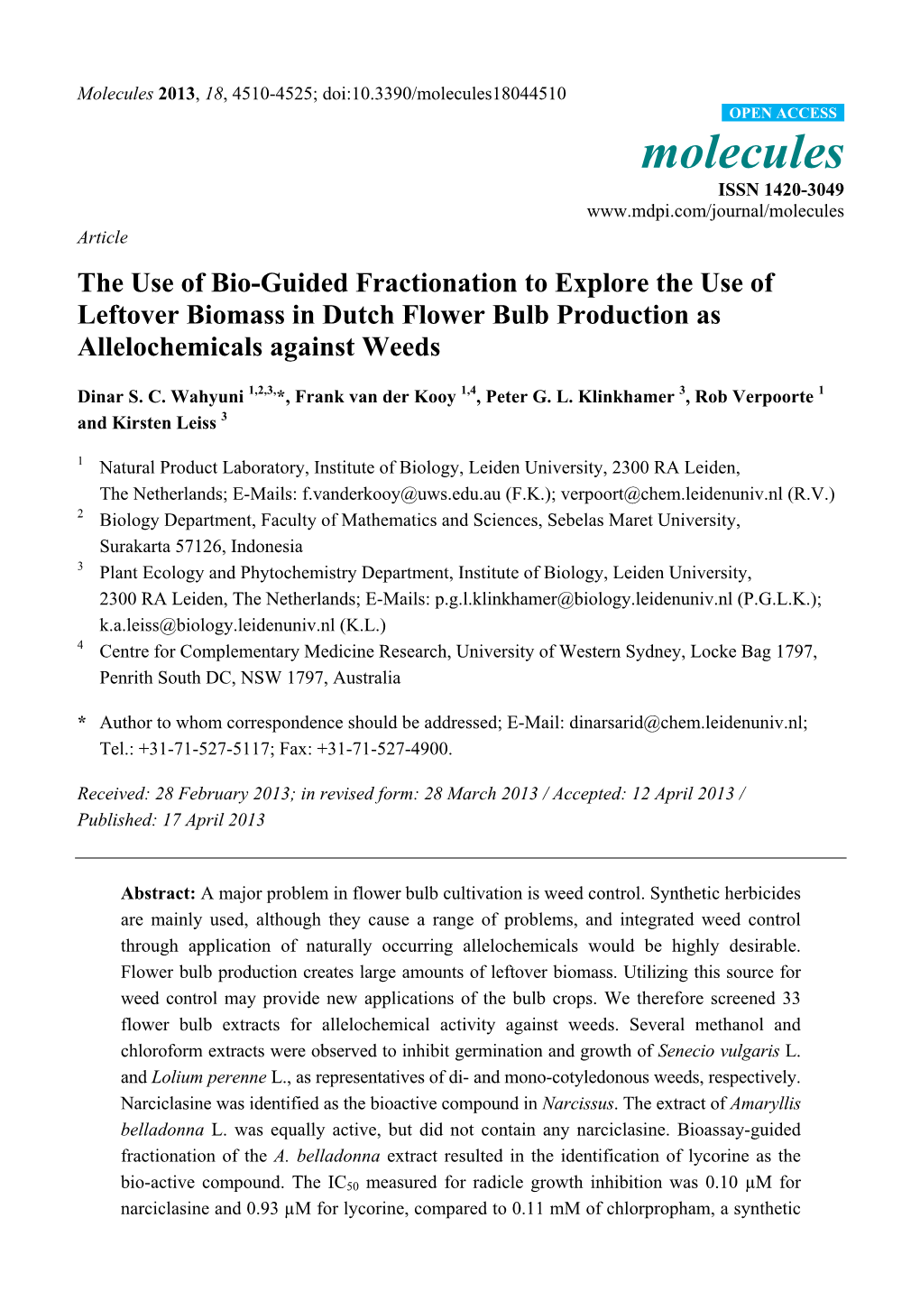 The Use of Bio-Guided Fractionation to Explore the Use of Leftover Biomass in Dutch Flower Bulb Production As Allelochemicals Against Weeds